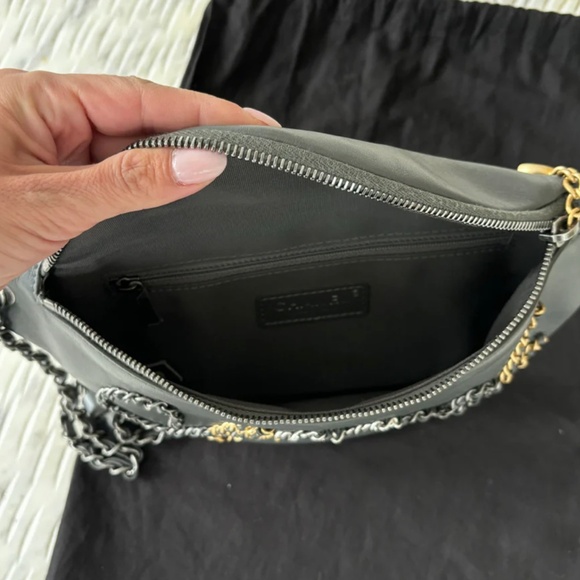 Authentic Chanel Grey Calfskin Leather Three-tone Metal Chain Signs Waist Bag - Picture 10 of 12